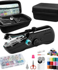 Portable Mini Sewing Machine For Beginners With An Integrated Storage Kit and accessories in black casing.