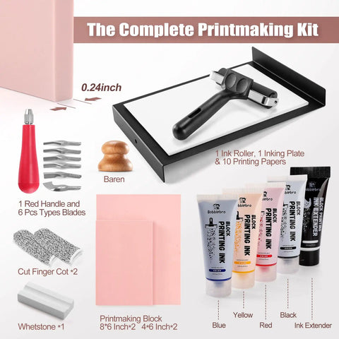 Linoleum Block Printmaking Kit With Four Color Ink Linocut Tools Brayer And Baren Ink Plate Transfer Papers Sharpener Stone
