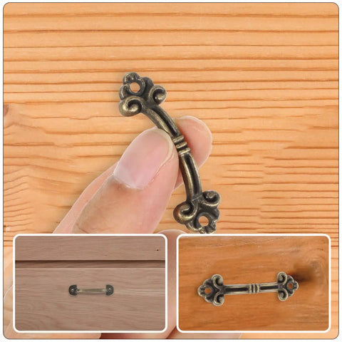 Vintage Mini Pull Handles Cabinet Hardware Set Dope Upgrade With Antique Bronze Decorative Knobs For Jewelry Boxes And Kitchen Cabinets Small Dresser Drawer Pulls 47x14mm And 60x16mm 20 Pieces Easy DIY Install shown close-up against wood background.