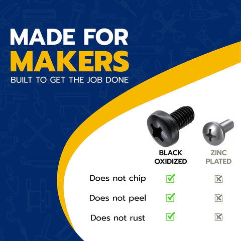 Black Stainless Steel License Plate Screws for BMW and Tesla Phillips Pan Head M5 0.8 x 6 mm Bolts Pack of 4 No Hassle Rustproof 18-8 Hardware With Saltwater Resistance and Black Oxide Finish displayed with features like non-chipping and rustproof, alongside zinc-plated option.
