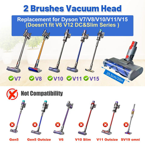 Cordless Vacuum Head Attachment For V7 To V15, shown with compatible and incompatible models, easy fit, dual roller brushes, LED light