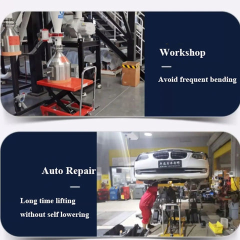 Heavy Duty Hydraulic Scissor Lift Table With Manual Adjustable Height Lever And Rock Solid Five Hundred Pound Load Capacity forged from sturdier steel in workshop and auto repair setting.