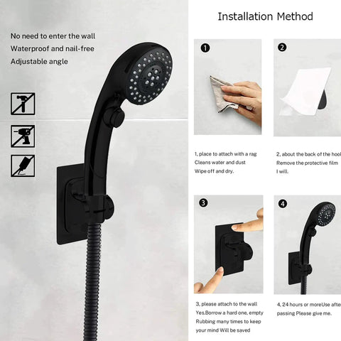 High Pressure 8 Inch Round Rainfall Shower Head With Handheld, Stainless Steel Matte Black Finish, Hose, Adhesive Holder Install Method