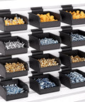 Straight Shot Setup 12 Pack Plastic Slatwall Bins With Heavy Duty Metal Hooks Engineered For Retail Store Shelving Merchandise Display And Shop Inventory Management Systems with assorted screws and fasteners.