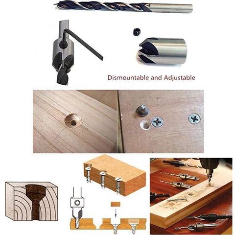 Solid Shop Countersink Drill Bits And Doweling Jig Kit With 3 To 10mm showing adjustable drill bits and detailed wood hole designs.