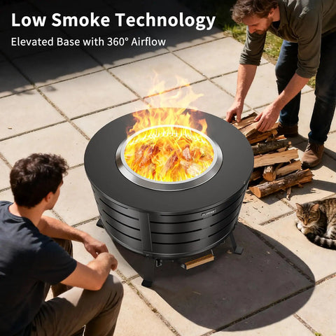 Two people setting up 26 Point 5 Inch Smokeless Fire Pit With Stand For Outdoor Hangouts, bonfire lit, stainless steel, backyard