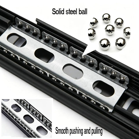 Beefy Industrial Heavy Duty Drawer Slides Telescoping Metal Runners With Thick Steel Plate And Black Wear Resistant Coating Built To Handle Big Loads Without Bending, close-up ball bearing slide