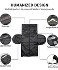 Interior view of rolling carry-on garment bag with multiple pockets including tie, zipper, elastic, passport, shoes pocket and hanger hook hole.