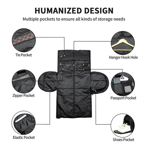 Interior view of rolling carry-on garment bag with multiple pockets including tie, zipper, elastic, passport, shoes pocket and hanger hook hole.