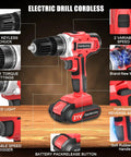 Cordless Drill Set With Battery And Charger, 21V Power Drill, features details such as 3/8" keyless chuck and LED work light