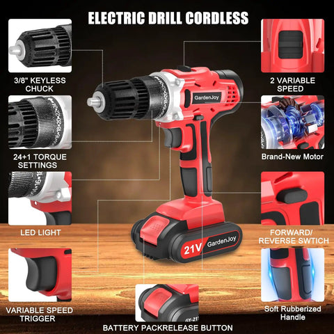 Cordless Drill Set With Battery And Charger, 21V Power Drill, features details such as 3/8" keyless chuck and LED work light