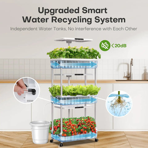 Indoor Hydroponics Garden System With 66 Pod Kit And Dual LED Grow Light, three-tier planter showing herbs, greens, and tomatoes.
