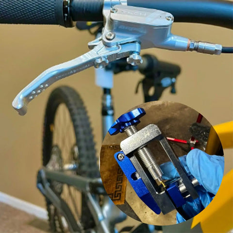 All In One Bike Hydraulic Brake Tool Kit For Easy Disc Brake Maintenance 2 In 1 Copper And Aluminum Alloy Line Cutter shown in use