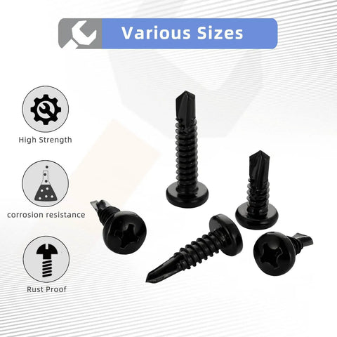 Pro Spec Number 12 X 3/4 Inch Pan Head Self Drilling Screws, Black 410 Stainless Steel Sheet Metal Fasteners With Phillips Drive, built samples in various sizes.