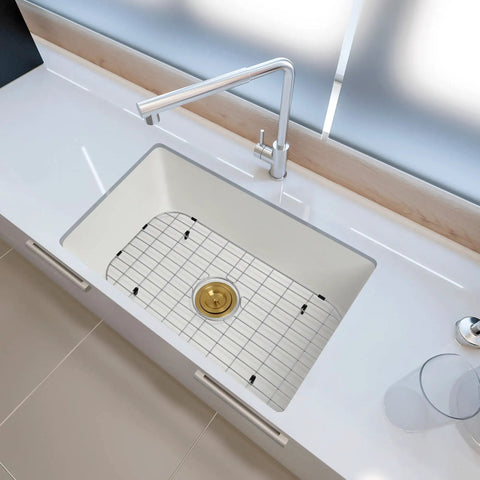 Heavy Duty Stainless Steel Kitchen Sink Grid With Rear Drain, Bottom Protector for Scratch Free Sink, in a standard kitchen setup