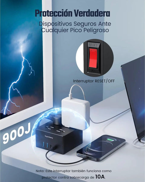 4-Outlet 4-USB Surge Protector With 5 Ft Extension Cord 900 Joules Overload Switch Grounded Mountable Desktop Charging Station shown in use on desk.