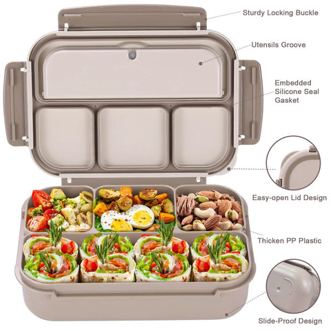 Open All In One Bento Lunch Box For Adults With Four Compartments Includes Utensils Sauce Jar Muffin Liners 40 Ounce Capacity