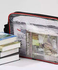 Heavy Duty Antistatic Engineer Storage Bag With Clear Window And Side Zipper For Quick Access Cleanroom Tool Organizer with books stacked beside it.
