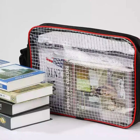 Heavy Duty Antistatic Engineer Storage Bag With Clear Window And Side Zipper For Quick Access Cleanroom Tool Organizer with books stacked beside it.