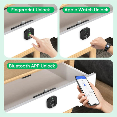 Smart Cabinet Lock With Fingerprint, Bluetooth App And Apple Watch Unlock on wooden drawer for kid-safe security