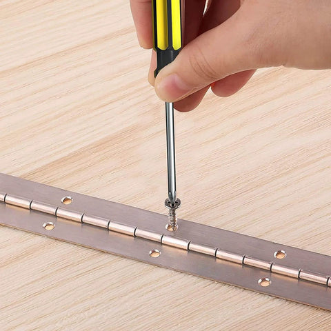 Installing 20 Inch Stainless Steel Piano Hinges Two Pack Continuous Heavy Duty Hinges With 0.04 Inch Leaf Thickness on wood surface