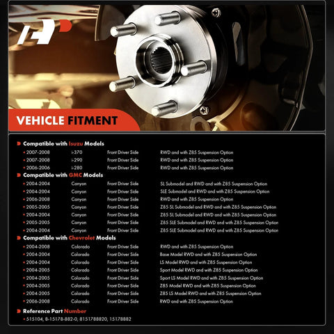 Front Left Wheel Bearing And Hub Assembly With ABS And 6-Lug Fit For Chevy Colorado 2004-2008, GMC Canyon 2004-2008 chart