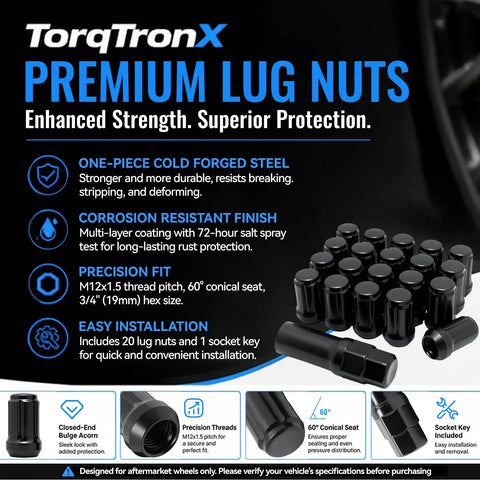 Top Tier 20 Pc M12 X 1.5 Spline Lug Nuts For Heavy Duty Rims With One Socket Key Kit Cold Forged Steel Upgrade Secure Grip And Durable Fitment black lug nuts and socket key kit