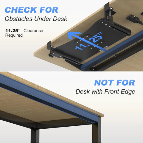 Diagram showing installation requirements for Under Desk Keyboard Tray With C Clamp Mount, 11.25-inch clearance, no front edge.
