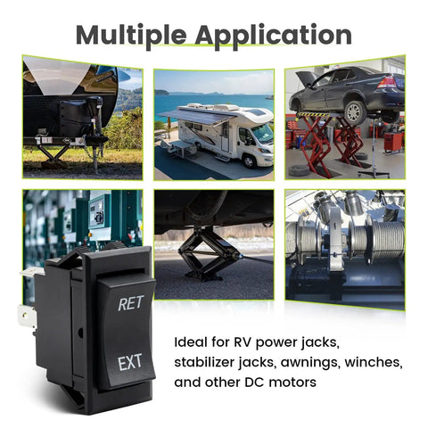 2 Pack 12V Reverse Polarity DPDT Rocker Switch Set For RV use in multiple applications like tongue jacks and awnings