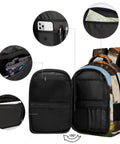 Open view of Dope Long Horn Brown Bull Print Backpack showing organized zippered pockets and interior with phone storage.