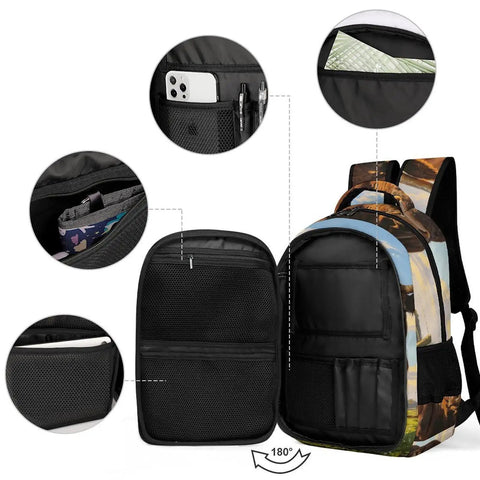 Open view of Dope Long Horn Brown Bull Print Backpack showing organized zippered pockets and interior with phone storage.