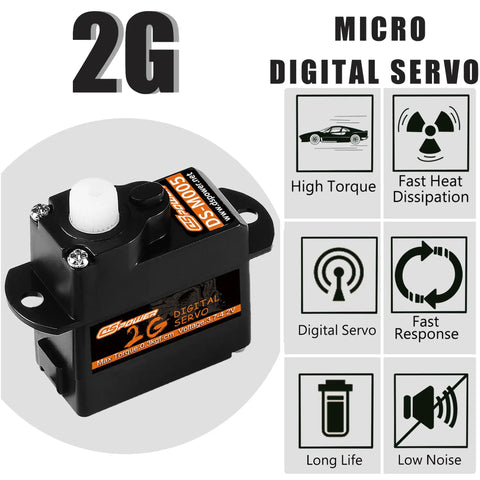 2G Micro Digital Servo Motors Dual Pack for RC Robots shown with features like high torque and fast response in black.