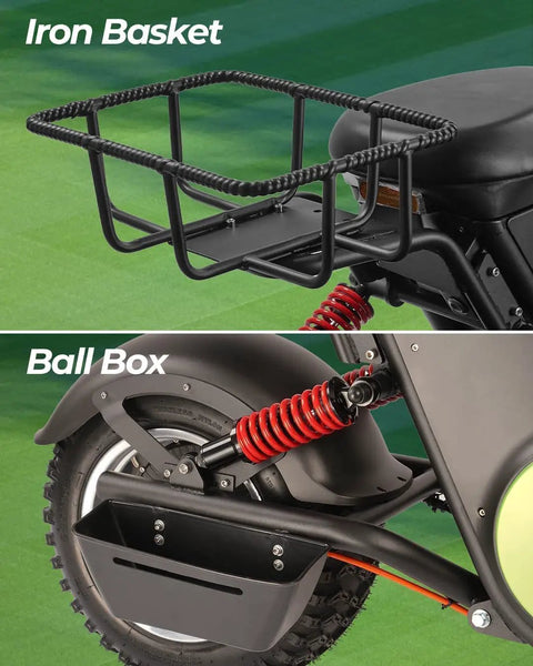 Iron basket and ball box on Heavy Duty Hill Crushing Electric Golf Cart For Adults With 2000W Brushless Motor And 60V Battery.
