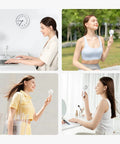 Women using Bladeless Mini Portable Fan With Safe Design Turbo Handheld Breeze 5 Speed Modes USB Rechargeable Up To 16 Hours Cool Time