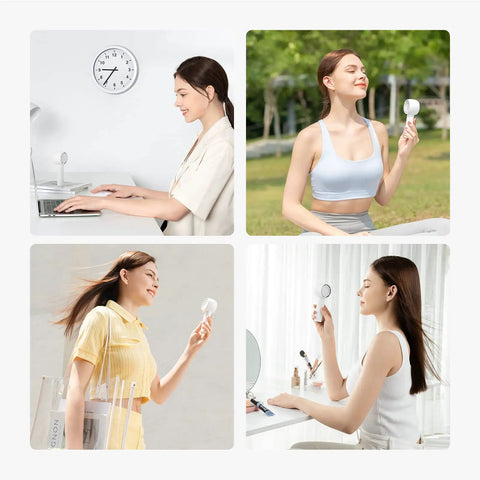 Women using Bladeless Mini Portable Fan With Safe Design Turbo Handheld Breeze 5 Speed Modes USB Rechargeable Up To 16 Hours Cool Time