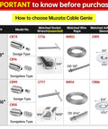 Guide for selecting Muzata Cable Genie with model numbers, matched wire rope, adhesive sleeve, and sizes for 1/8 and 3/16 inch options.