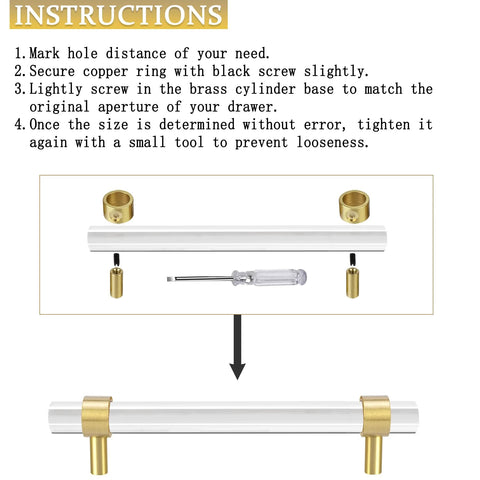 Installation instructions for Adjustable Acrylic And Brass Cabinet Pulls With Center To Center Range 0 To 6 Point 2 Inches.