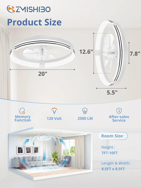 Low Profile 20 Inch Ceiling Fan With Light No Fuss Remote Control Dimmable LED 3000K 6000K Flush Mount Fandelier White