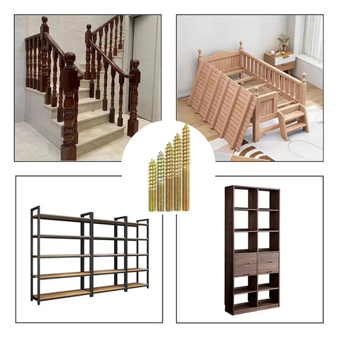 40 Pack M5 Double Headed Hanger Bolts for Wood Furniture with zinc plated screws and wooden stairs, bed, and shelves displayed