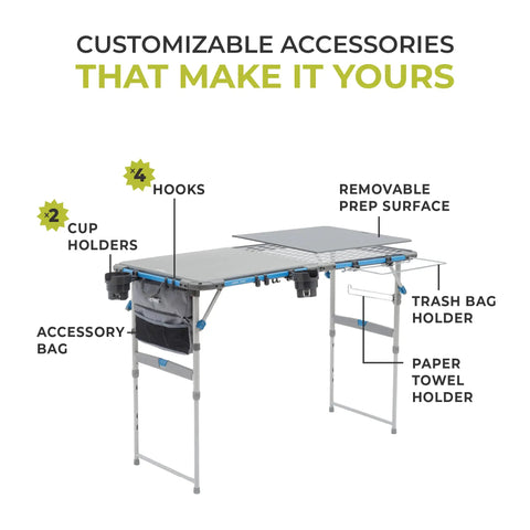 Outdoor Cook Table With Adjustable Height And Foldable Four Foot Work Station featuring accessory bag, hooks, and prep surface.