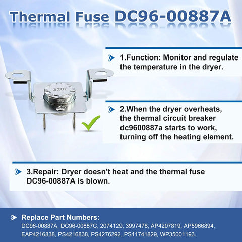 Dryer Thermal Fuse Kit Including DC47-00016A Cutoff DC96-00887A Thermostat DC32-00007A Thermistor DC47-00018A Thermostat Replacement For Most Dryers Overheat Protection And Precise Temperature Control with DC96-00887A thermal fuse image