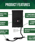 Low Voltage Outdoor Lighting Transformer With Photocell And Timer, 120W 12V Output, ETL Listed, showing product features.