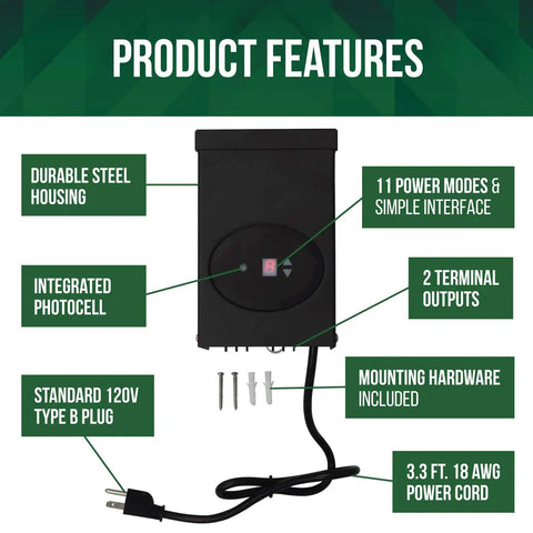 Low Voltage Outdoor Lighting Transformer With Photocell And Timer, 120W 12V Output, ETL Listed, showing product features.