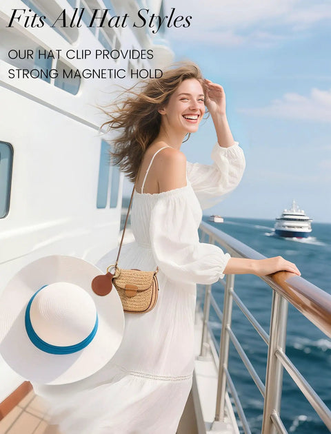 Woman on cruise with Magnetic Hat Clip For Travel On Bag Made From Genuine Leather With Strong N52 Magnet Keeps Your Hat Secure