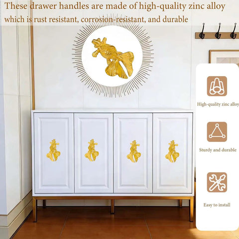 4 Pack Goldfish Cabinet Knobs With 3D Sculpted Fish Design For Cabinets And Drawers on white cupboard
