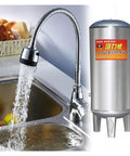 Food Grade Stainless Steel Pressure Tank 300 Liter Vertical Hydro Vessel With Built In Auto Pump delivering water near kitchen sink.