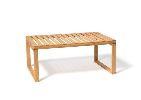 Bamboo Kitchen Cabinet Shelf Organizer for Pantry, Countertop, and Bathroom Space Saver Stackable Shelf with Slatted Top view.