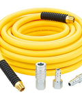 50ft Hybrid Air Hose With Half Inch MNPT Ends And Bend Restrictors, 3 Piece Coupler And Plug Kit, Heavy Duty 300 PSI for industrial use