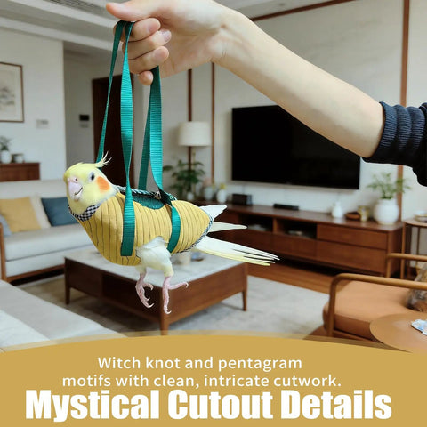Parrot wearing Extra Soft Yellow Bird Diaper Flight Suit For Small To Medium Parrots in a living room setting.