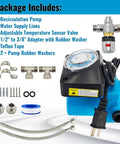 Instant Hot Water Recirculating Pump Kit For Tank Water Heaters with smart thermal bypass valve and accessories shown.